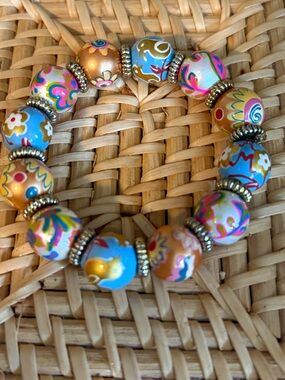 Angela Moore Hand Painted Birds/Flowers Bead Stretch Bracelet, Gold